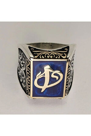 Vav Elif Mavi Mineli Gümüş Erkek Yüzük