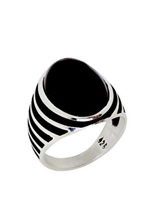 Oval Kesim Siyah Oniks Taşlı Erkek Gümüş Yüzük