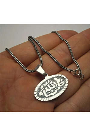 Kalem İşi Besmele Yazılı Erkek Gümüş Zincir Kolye