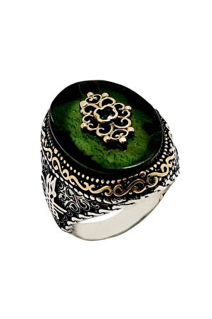 Tuğralı Otantik Tasarım Yeşil Erkek Gümüş Yüzük