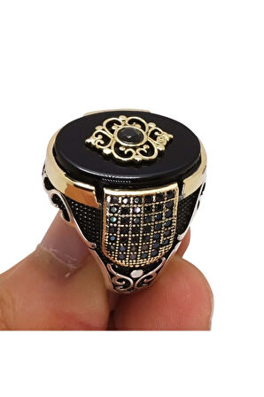 Nano Taş Detaylı Oniks Taşlı Otantik Gümüş Erkek Yüzük
