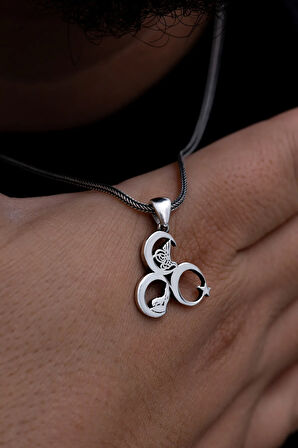 Üç Hilal Tuğralı Bozkurtlu Lilalı Ülkücü Erkek Gümüş Kolye Zincir