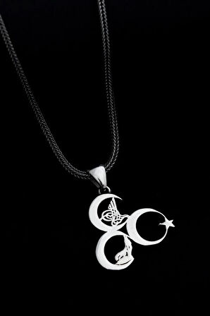 Üç Hilal Tuğralı Bozkurtlu Lilalı Ülkücü Erkek Gümüş Kolye Zincir