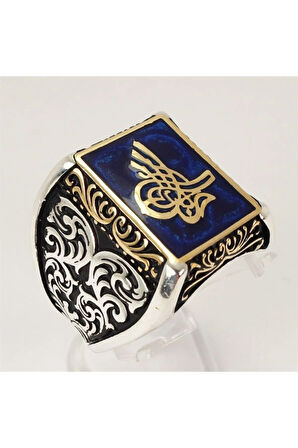 Osmanlı Tuğralı Mavi Mineli Gümüş Erkek Yüzüğü