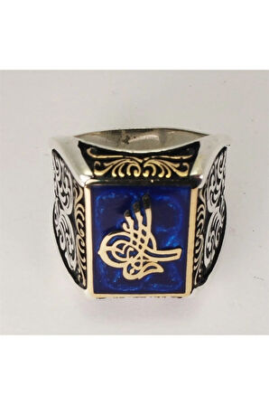 Osmanlı Tuğralı Mavi Mineli Gümüş Erkek Yüzüğü