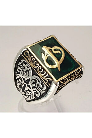 Vav Elif Yeşil Mineli Gümüş Erkek Yüzük
