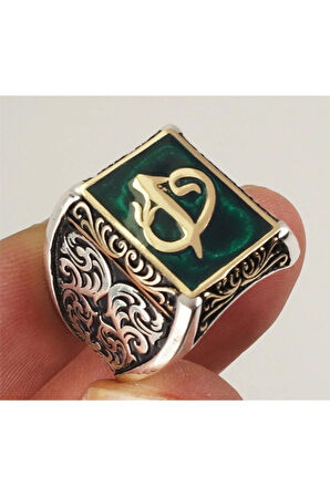 Vav Elif Yeşil Mineli Gümüş Erkek Yüzük