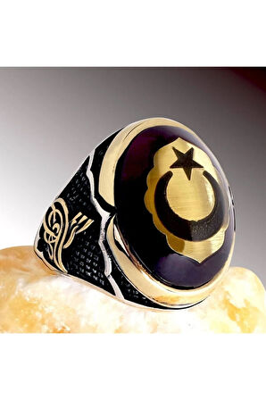 Ayyıldız Ve Tuğra Işlemeli Sıkma Kehribar Taşlı Gümüş Erkek Yüzük