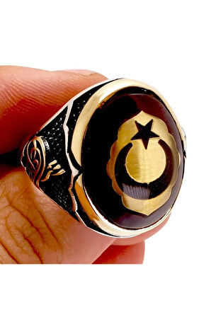 Ayyıldız Ve Tuğra Işlemeli Sıkma Kehribar Taşlı Gümüş Erkek Yüzük