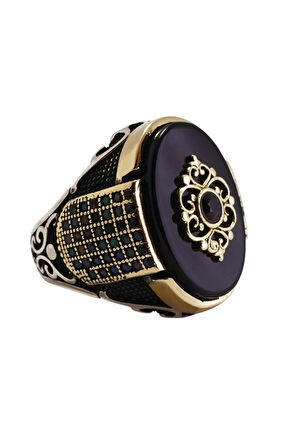 Nano Taş Detaylı Oniks Taşlı Otantik Gümüş Erkek Yüzük