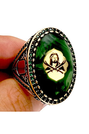 Hz. Ali Ve Zülfikar Motifli Sıkma Kehribarlı Gümüş Erkek Yüzük