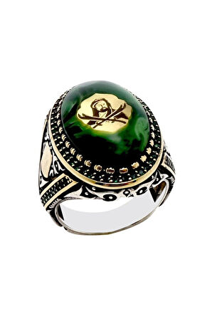 Hz. Ali Ve Zülfikar Motifli Sıkma Kehribarlı Gümüş Erkek Yüzük