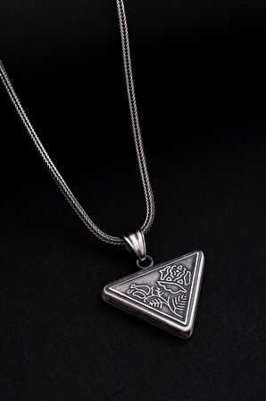 Gümüş Cevşen Muska Erkek Kolye Zincir Çiçek Motifli