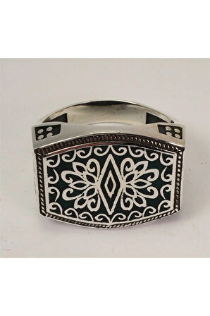 Otantik Selçuklu Motifli Yeşil Mineli Erkek Gümüş Yüzük