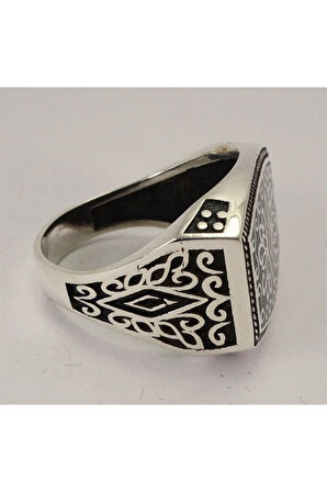 Otantik Selçuklu Motifli Yeşil Mineli Erkek Gümüş Yüzük