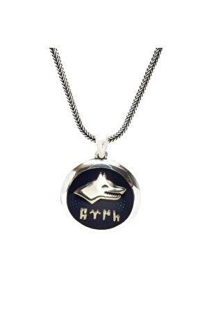 Göktürkçe Türk Yazılı Lacivert Mineli Bozkurt Gümüş Erkek Kolye Zincir