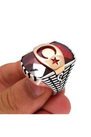 Kırmızı Zirkon Taşlı Ayyıldızlı Erkek Gümüş Yüzük