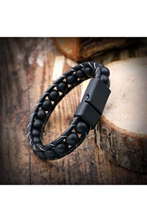 Oniks Doğaltaş Erkek Deri Bileklik