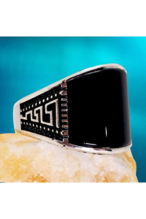 Grek Desenli Oniks Taşlı Erkek Gümüş Yüzük