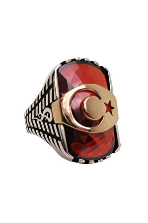 Kırmızı Zirkon Taşlı Ayyıldızlı Erkek Gümüş Yüzük