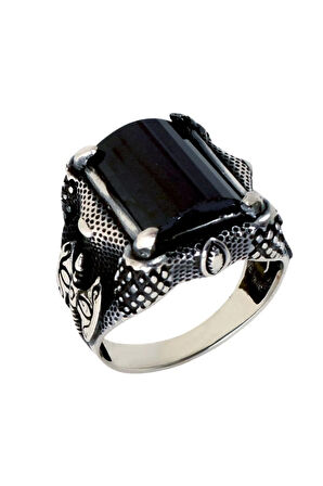 Erkek Siyah Oniks Taşlı Balta Detaylı Gümüş Yüzük