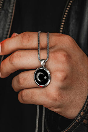 Türk Bayrağı Lila Erkek Gümüş Kolye Zincir