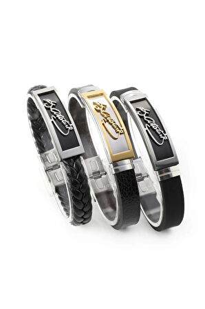 Erkek Siyah Atatürk İmzalı Çelik Deri Kauçuk Bileklik