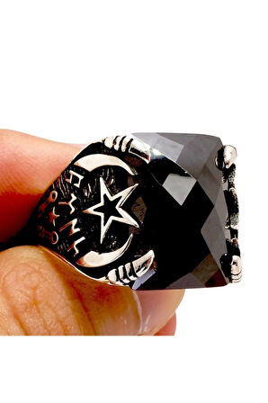 Ayyıldızlı Ve Türk Yazılı Zirkon Taşlı Erkek Gümüş Yüzük