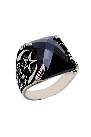 Ayyıldızlı Ve Türk Yazılı Zirkon Taşlı Erkek Gümüş Yüzük