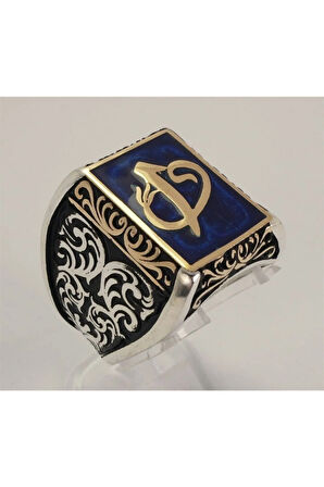 Vav Elif Mavi Mineli Gümüş Erkek Yüzük