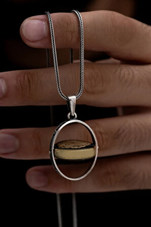 Erkek Çift Taraflı Lila ve Tuğra Figürlü Gümüş Kehribar Kolye