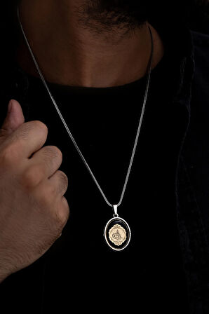 Erkek Çift Taraflı Lila ve Tuğra Figürlü Gümüş Kehribar Kolye