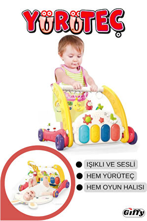 Oyuncak Piyanolu 2 in 1 Bebek Yürüteci ve Tavşan Desenli Kırmızı Oyun Halısı Sesli Işıklı