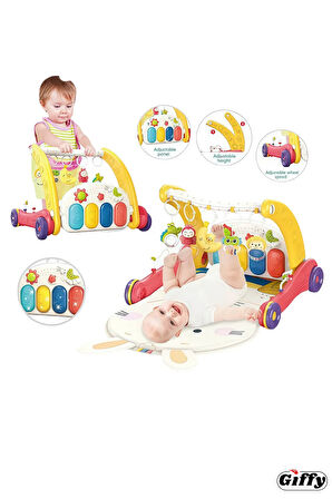 Oyuncak Piyanolu 2 in 1 Bebek Yürüteci ve Tavşan Desenli Kırmızı Oyun Halısı Sesli Işıklı