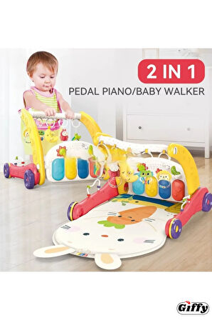 Oyuncak Piyanolu 2 in 1 Bebek Yürüteci ve Tavşan Desenli Kırmızı Oyun Halısı Sesli Işıklı