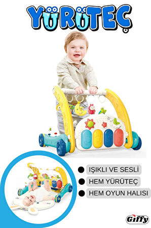 Oyuncak Piyanolu 2 in 1 Bebek Yürüteci ve Tavşan Desenli Kırmızı Oyun Halısı Sesli Işıklı