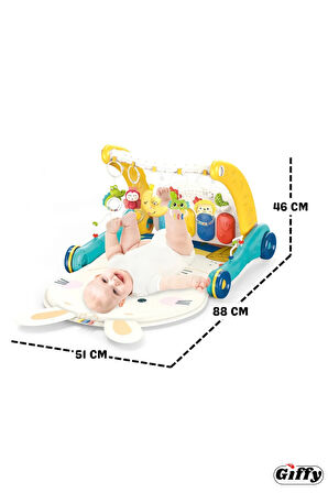 Oyuncak Piyanolu 2 in 1 Bebek Yürüteci ve Tavşan Desenli Kırmızı Oyun Halısı Sesli Işıklı
