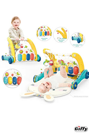 Oyuncak Piyanolu 2 in 1 Bebek Yürüteci ve Tavşan Desenli Kırmızı Oyun Halısı Sesli Işıklı