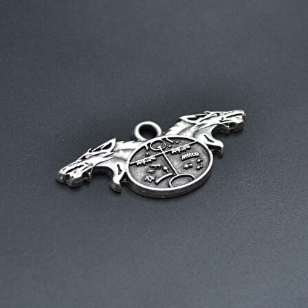 Kam - Şaman Davulu Kurt Kolye Ucu - Antik Gümüş Kaplama - Kod:207