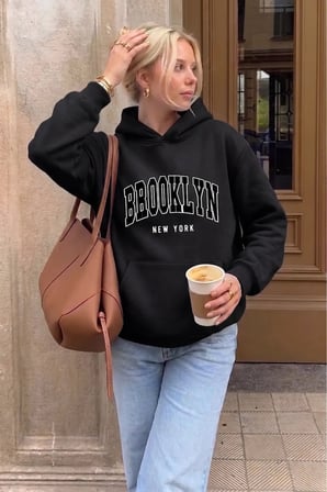 Unisex Brooklyn New York Baskılı Oversize Hoodie Kapüşonlu Sweatshirt