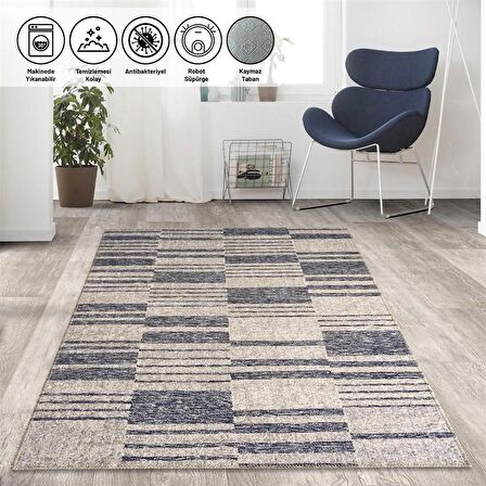 Çizgi Tarama Modern Desenli Gri Bej Halı Kaymaz Taban Makinede Yıkanabilir