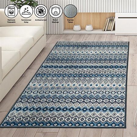 Modern İskandinav Kilim desenli Mavi Gri Halı Kaymaz Taban Makinada Yıkanabilir