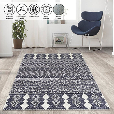 Marokan tarzı Salon Halısı otantik kilim desenli Koyu Gri Halı Kaymaz Taban Makinada Yıkanabilir