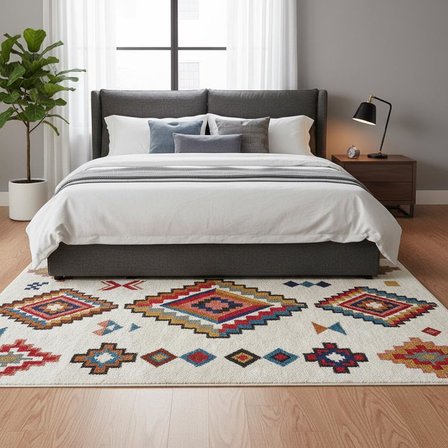 Krem ve Renkli Etnik Desenli Dijital Baskılı Halı – Kaymaz Tabanlı, Modern Boho Tarz Salon ve Oda Halısı