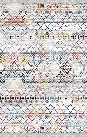Krem ve Çok Renkli Etnik Desenli Dijital Baskılı Halı Kaymaz Tabanlı, Modern Boho Çizgili Salon ve Oda Halısı