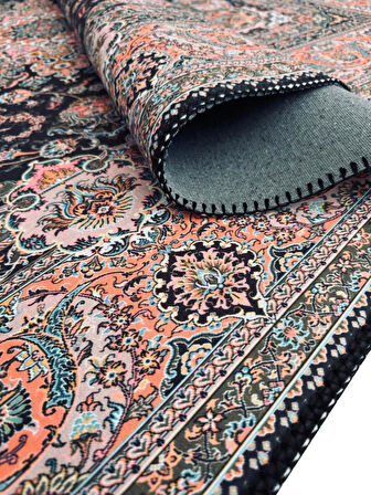 Bambu Halı Salon Halısı Post Pelüş Halı Klasik desenli Siyah Turuncu Halı