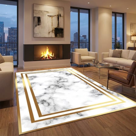 Beyaz Altın Mermer Desenli Halı Dijital Baskılı Kaymaz Tabanlı Salon Halısı