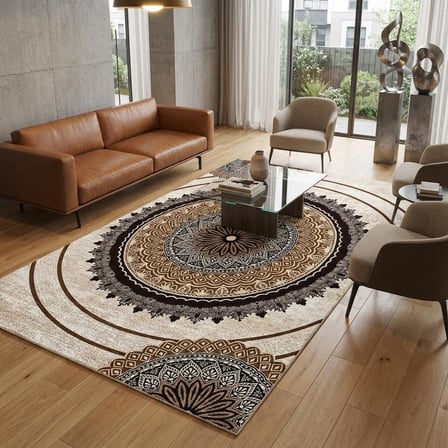 Kahverengi Bej tonlarda Mandala Desenli Dijital Baskılı Kaymaz Tabanlı Halı