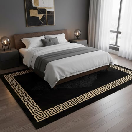 Siyah ve Altın Desenli Dijital Baskılı Halı Kaymaz Tabanlı Modern Geometrik Bordürlü Dekoratif Salon ve Oda Halısı