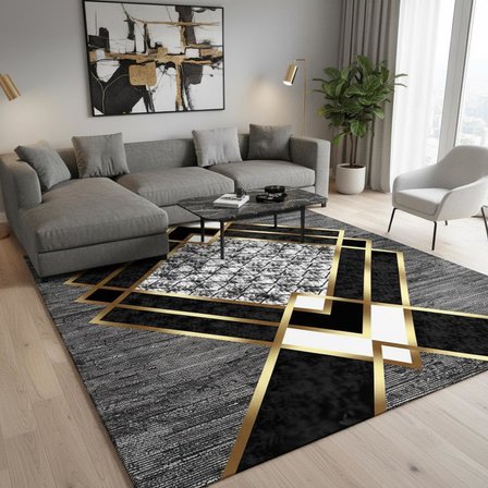 Gri ve Altın renklerde Modern Geometrik Desenli Dijital Baskılı Halı – Kaymaz Tabanlı, Üçgen ve Elmas Formlu Şık Salon ve Oda Halısı